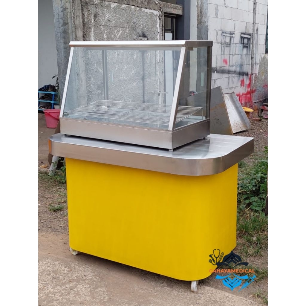 Meja booth stainless neon box fried chicken warmer / food warmer 120x70x90 cm / etalase food warmer