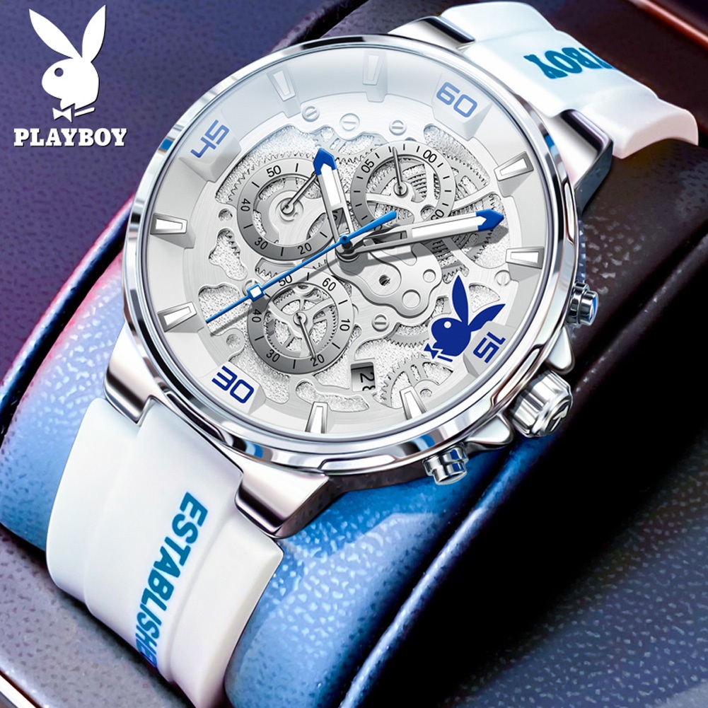 DISKON PLAYBOY Jam Tangan Pria Anti Air Original Cowok Multifungsi Kalender Luminous Fashion Putih