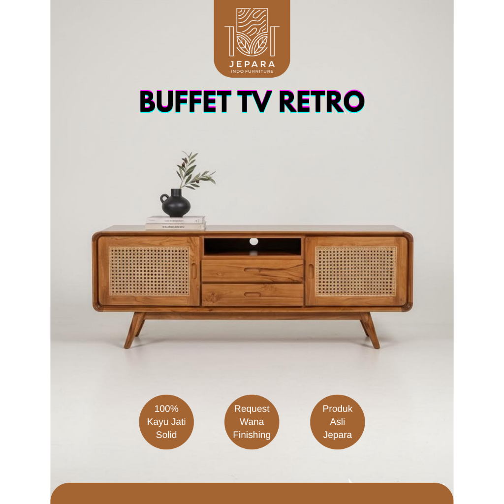 Meja TV Buffet TV Retro Laci Pintu Kombinasi Rotan asli (bukan sintetis) 100% Kayu Jati