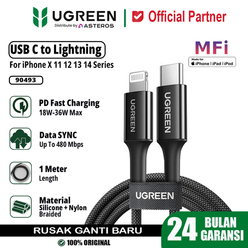 KABEL DATA UGREEN 90493 C TO IPHONE WEAVEN 1M BLACK
