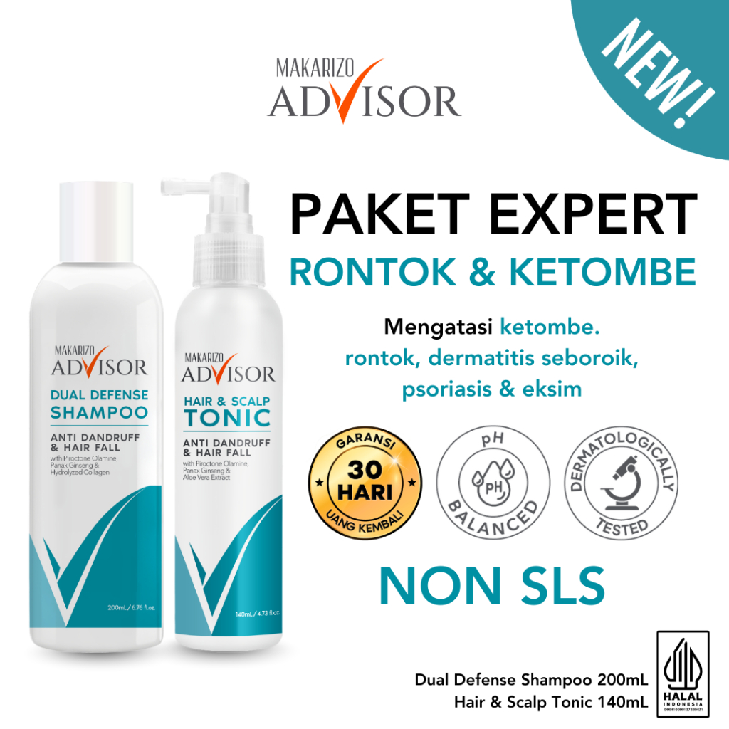 PAKET EXPERT - Makarizo Advisor Rambut Rontok & Ketombe - Dual Defense Shampoo 200mL, Hair & Scalp T