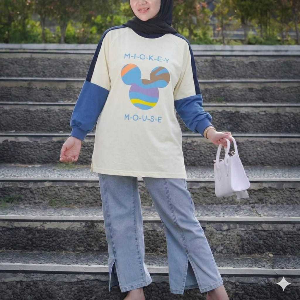 GROSIRDISTRO - Tunik Tshirt Oversize Wanita lengan Mickey Mouse Blue