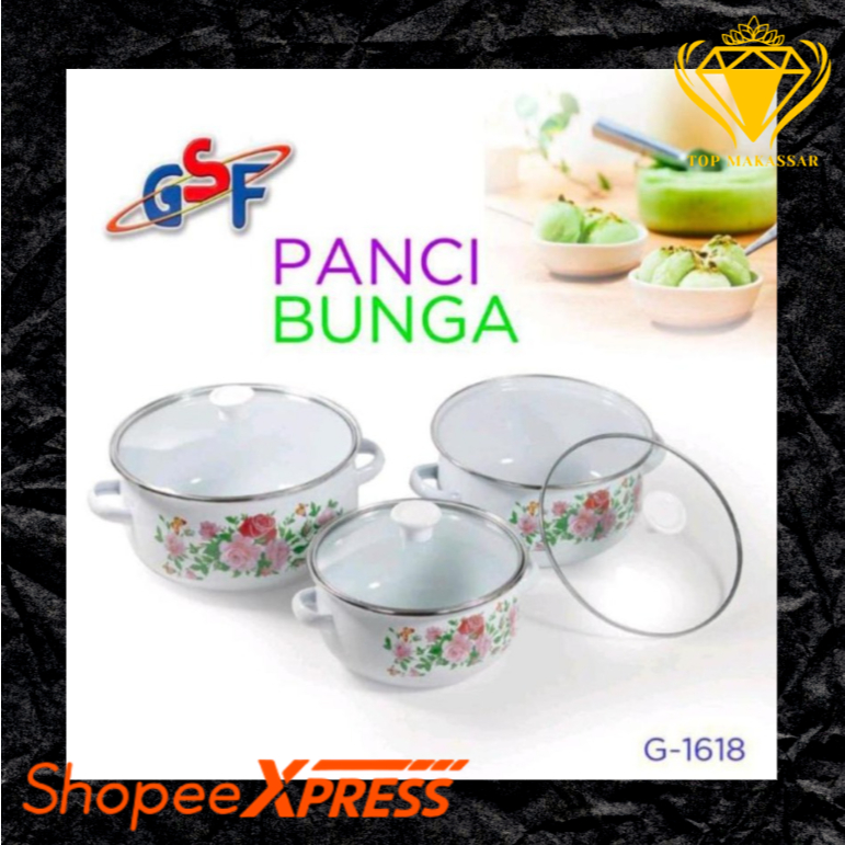 Panci Susun Set Enamel 3 Susun Tutup Kaca Anti Panas Panci Bunga GSF-1618