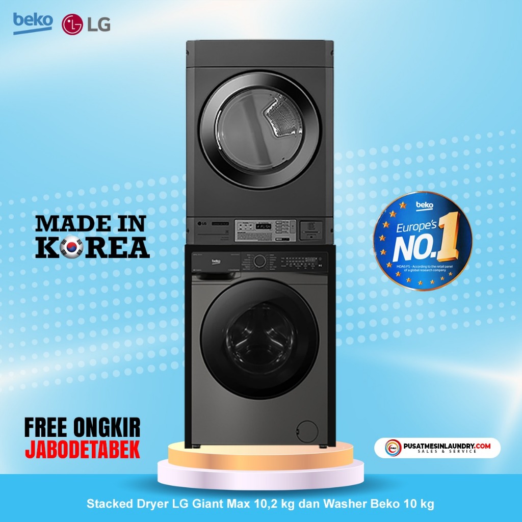 Beko Mix Stack Mesin Cuci 10kg 1400RPM & Mesin Pengering 8kg Konversi Gas BLG10