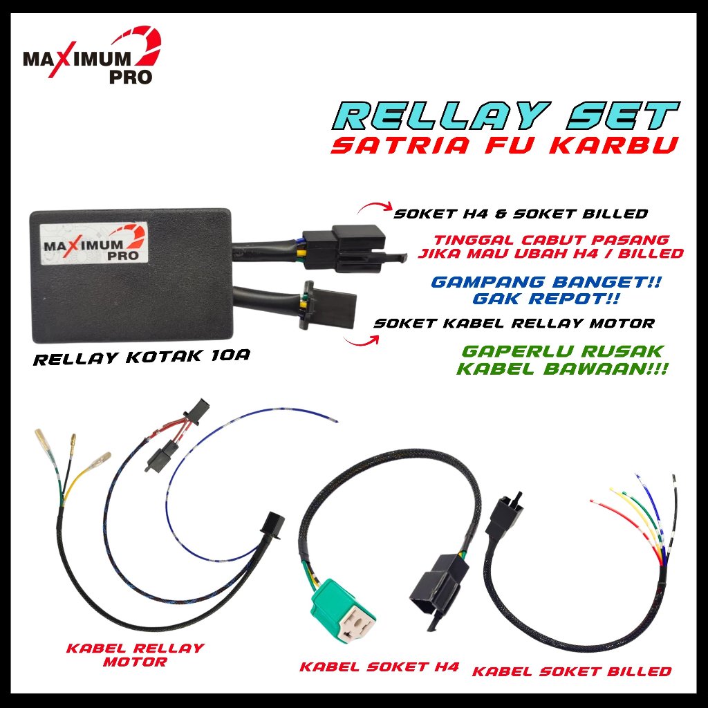 PREMIUM KABEL RELAY LAMPU SET SATRIA FU KARBU 10A HID SOKET BILED LED H4 MOTOR SOCKET RELLAY LAMPU P