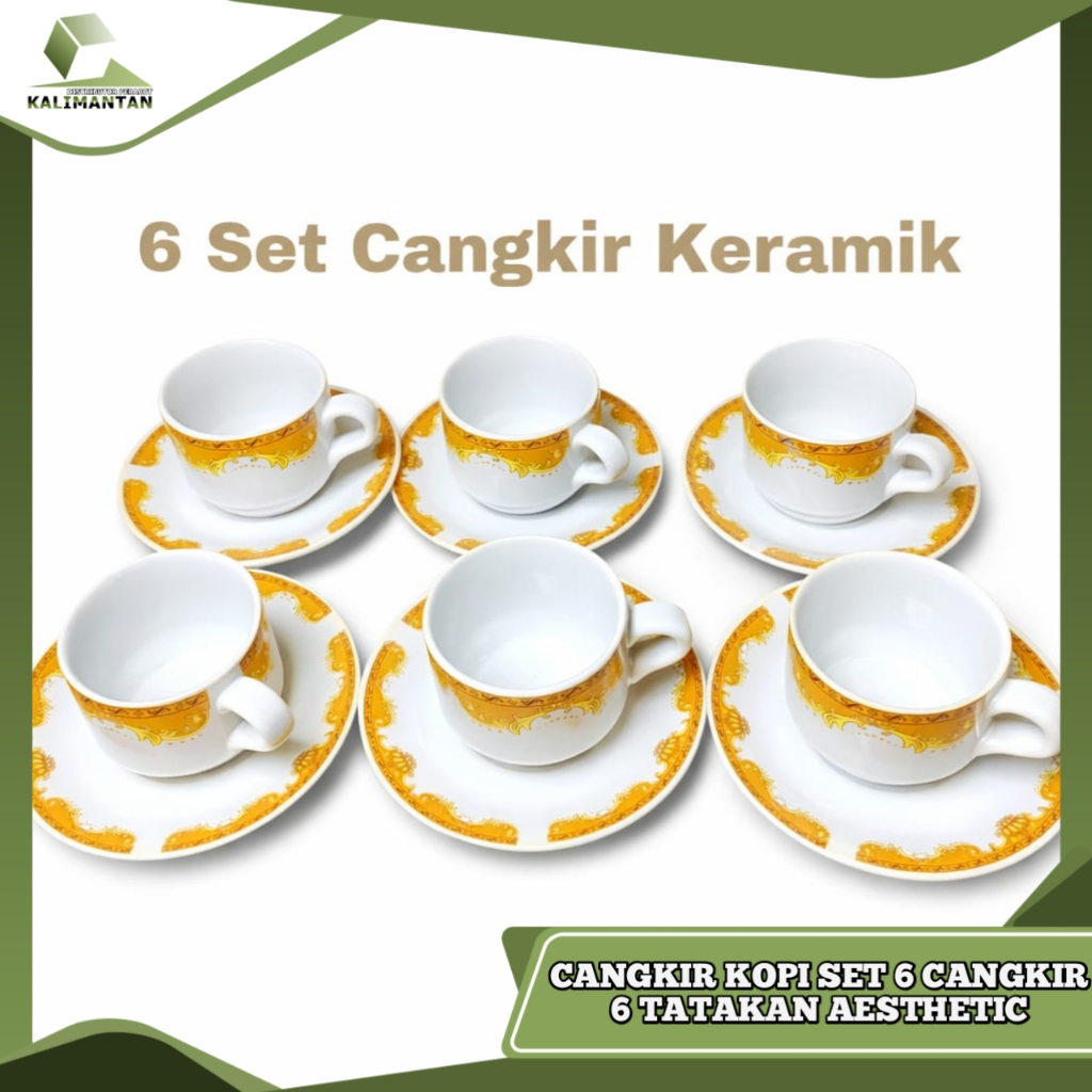 Cangkir Set Kramik Motif Mahkota Isi 6 / 1 Set Gelas Keramik Motif Mahkota (6 Gelas + 6 Tatakan)