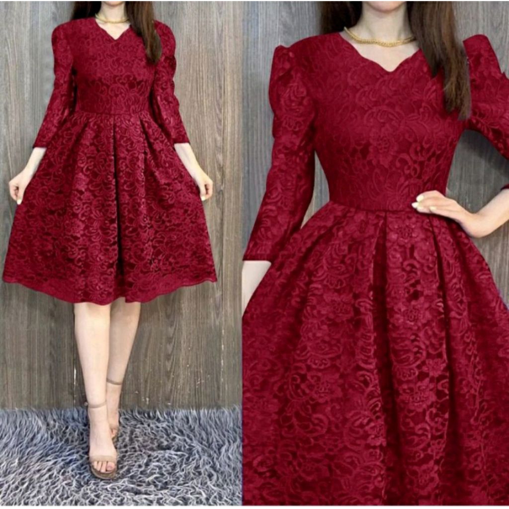 Gaun Brukat Lengan Panjang | Dress Pesta Brokat S M L XL XXL | Dress Pesta Natal | Kebaya Dress Keki