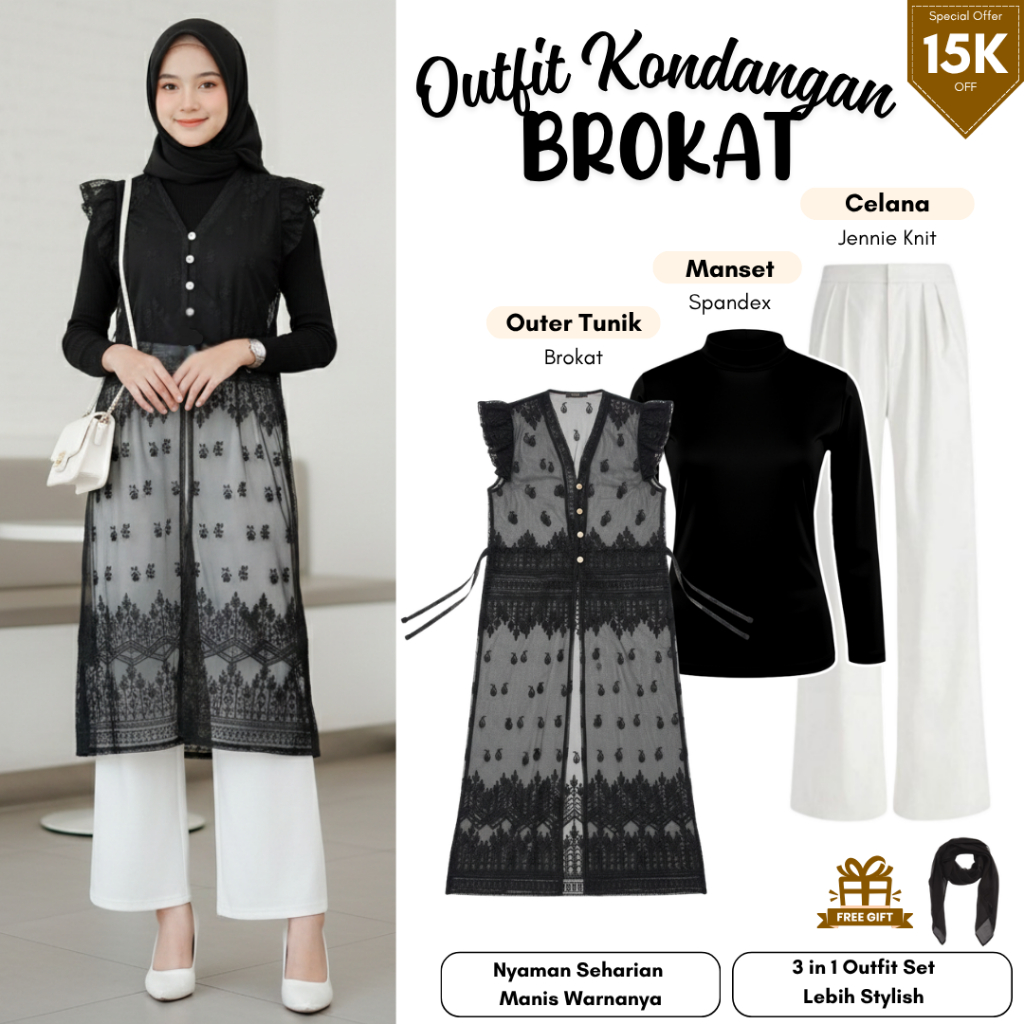 Outfit Set Brokat Modern | Outer Tunik + Manset + Celana | Setelan Kondangan Elegan | MC - 22