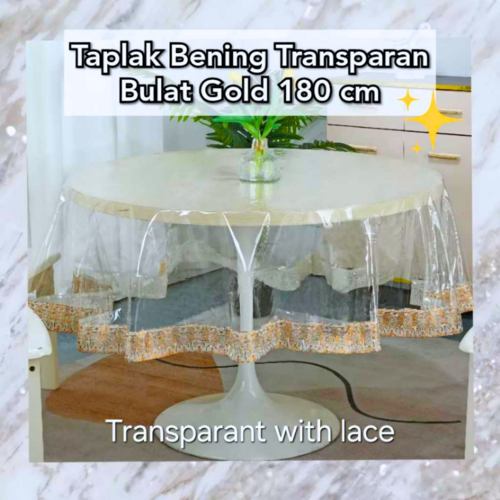Taplak Meja Mika Bulat Bening Transparan Renda 150 180 cm - mika bulat 6 8 kursi