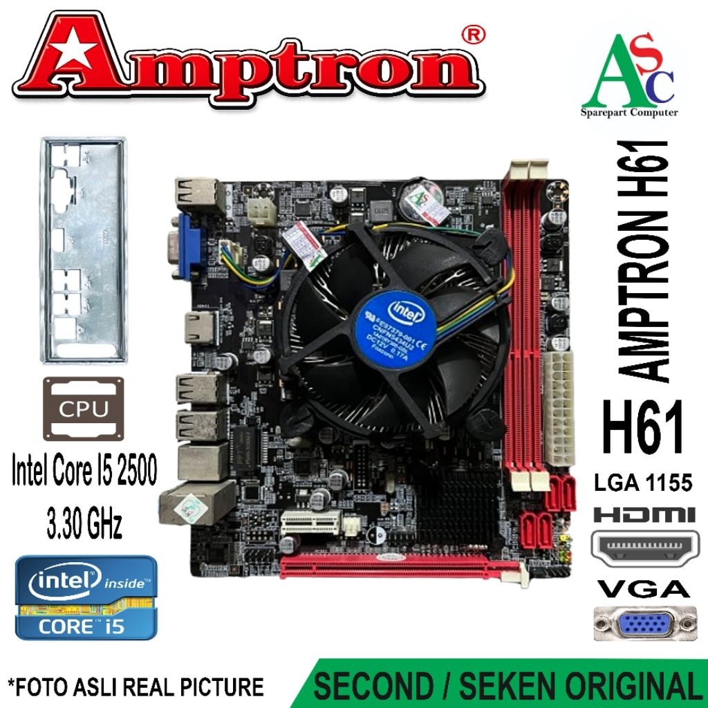 Paket Motherboard Mobo H61 Amptron Core i5 Fan Intel Backpanel