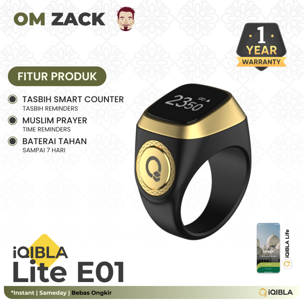 iQibla Zikr Ring Lite E01 Smart Tasbih Digital Hitung Zikir Harian Muslim Modern Baterai Tahan Lama 