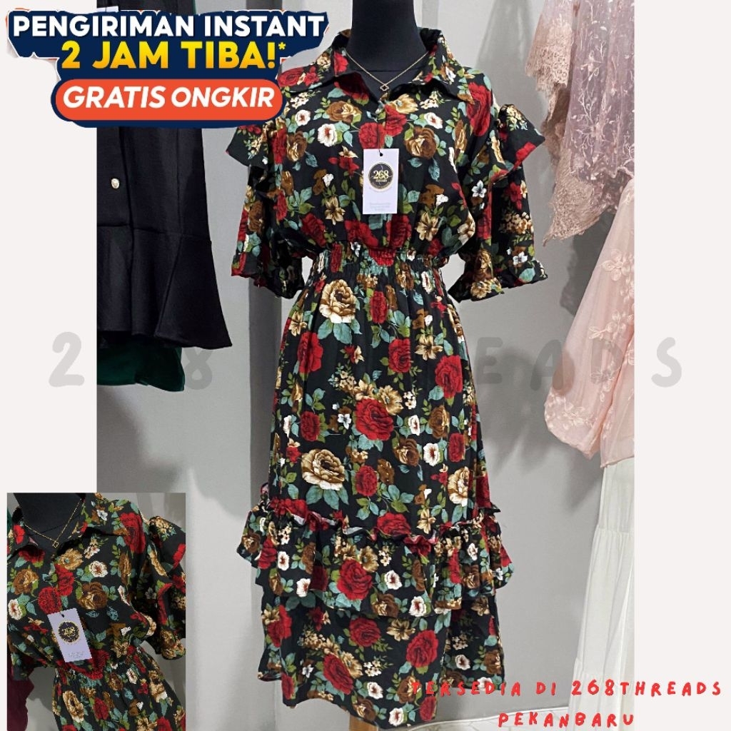 dress midi button crinkle motif bunga dress wanita dress pesta