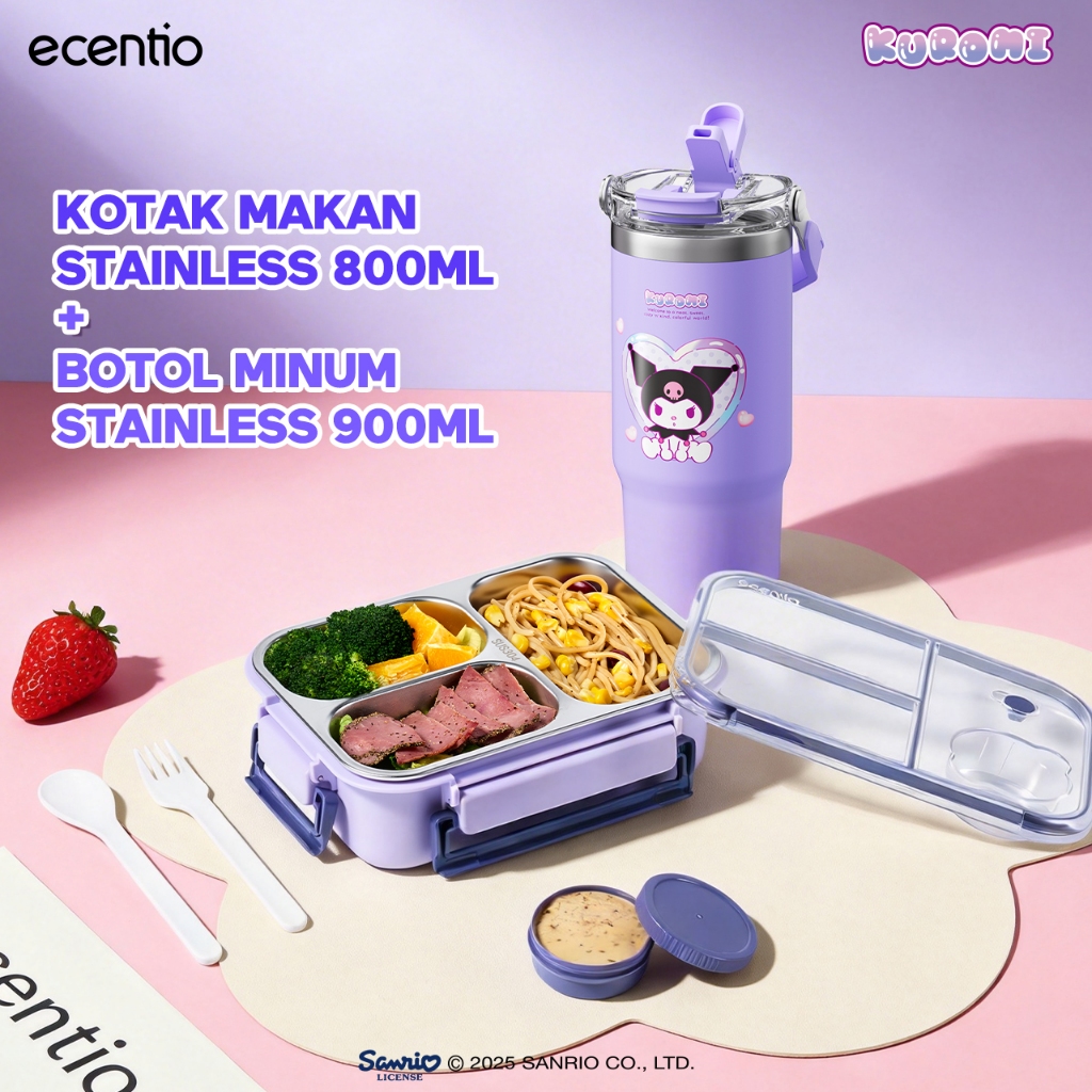 [Hampers Kado] ecentio Kuromi Set Tumbler & Toples Sanrio Kuromi IP - Tumbler 900ml Stainless 304 & 