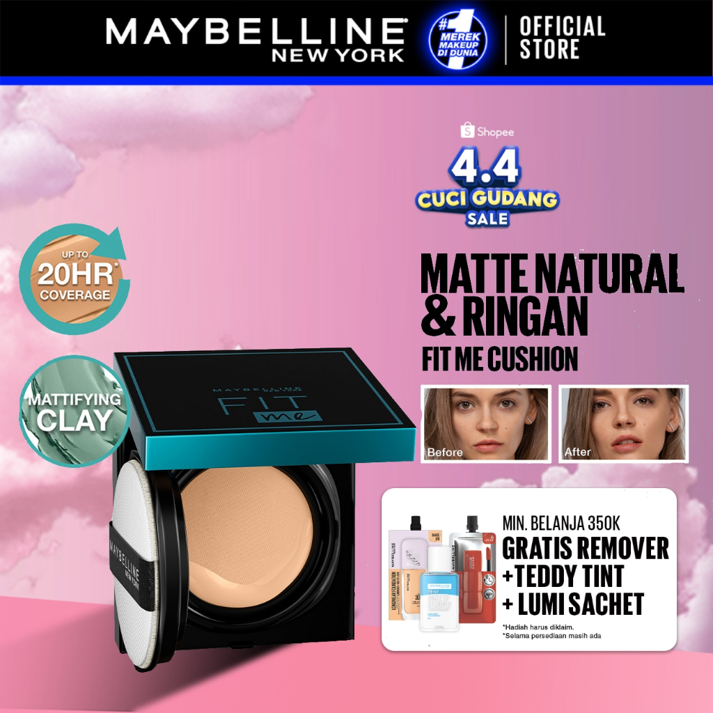 MAYBELLINE OFFICIAL Fit Me Matte+Poreless Cushion Foundation 14gr - Makeup Ringan Full Coverage Oil 