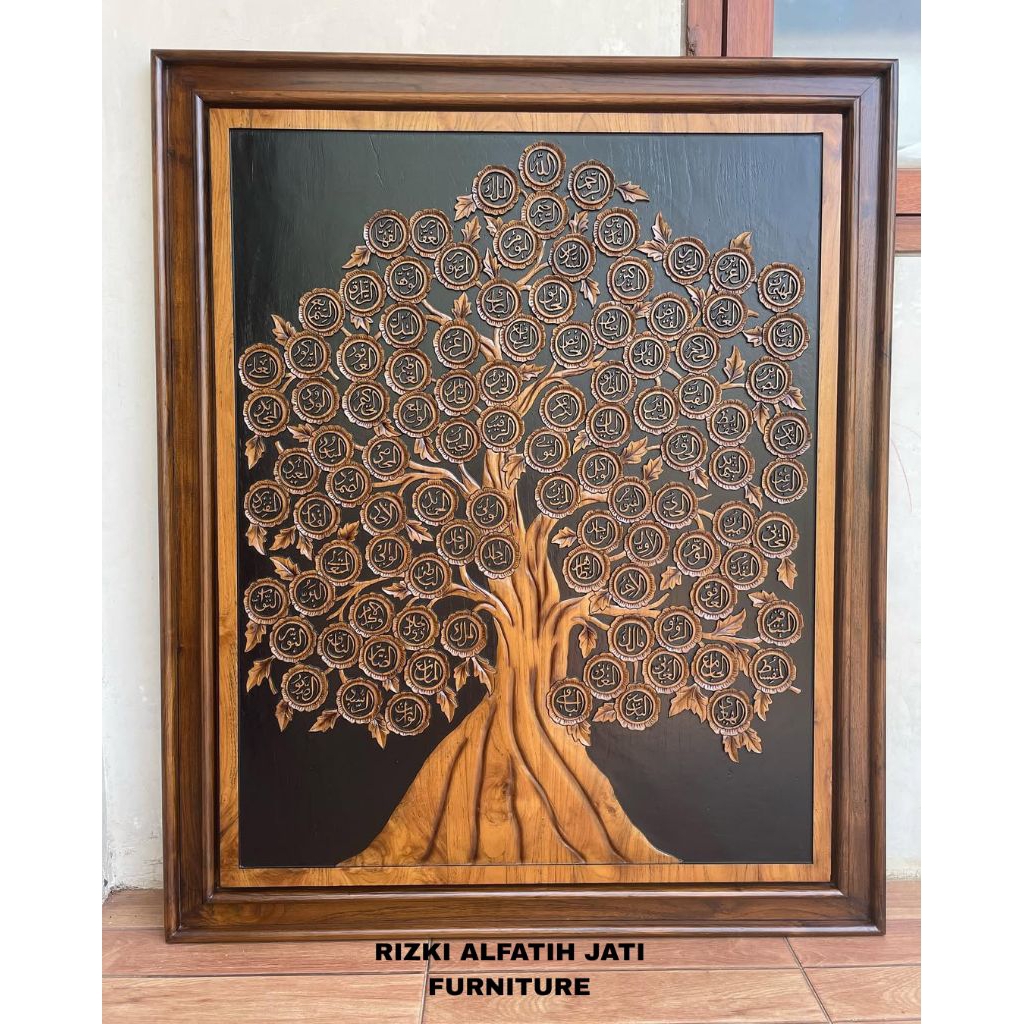 Kaligrafi Pohon 99 Nama Allah Asmaul Husna Kayu Jati Ukiran 3D Premium Hiasan Dinding Islami Elegan