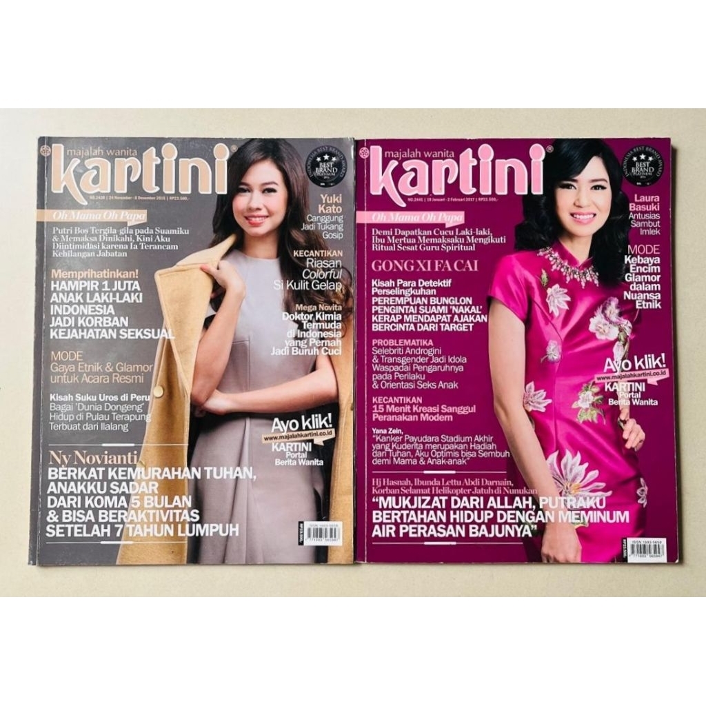 Paket Dua Majalah Kartini 2016 dan 2017 : Cover Yuki Kato dan Laura Basuki
