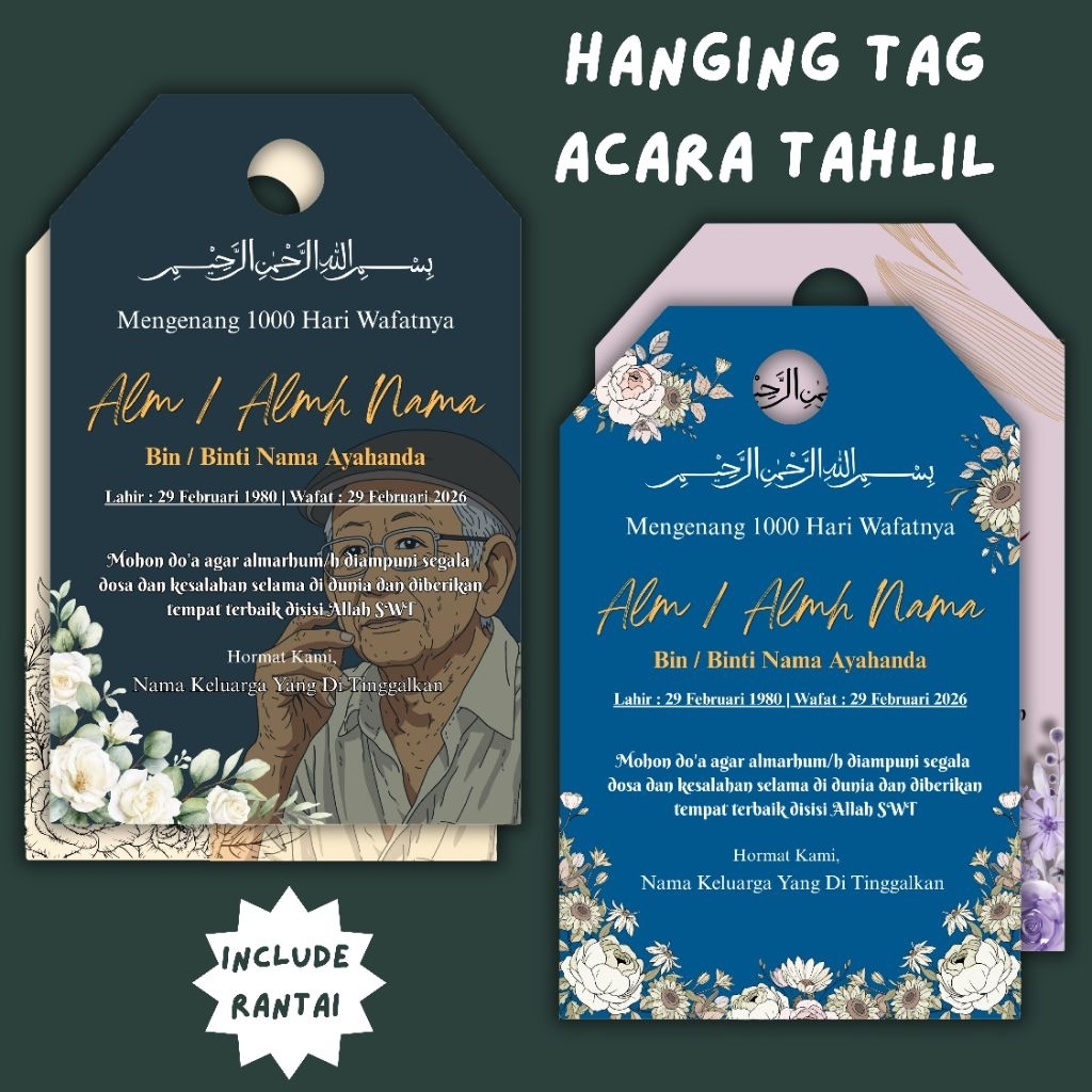 HANGING TAG UCAPAN TAHLIL / HANG TAG UCAPAN DUKA CITA / KARTU MENGENANG TAHLILAN / MENGENANG 1000 HA