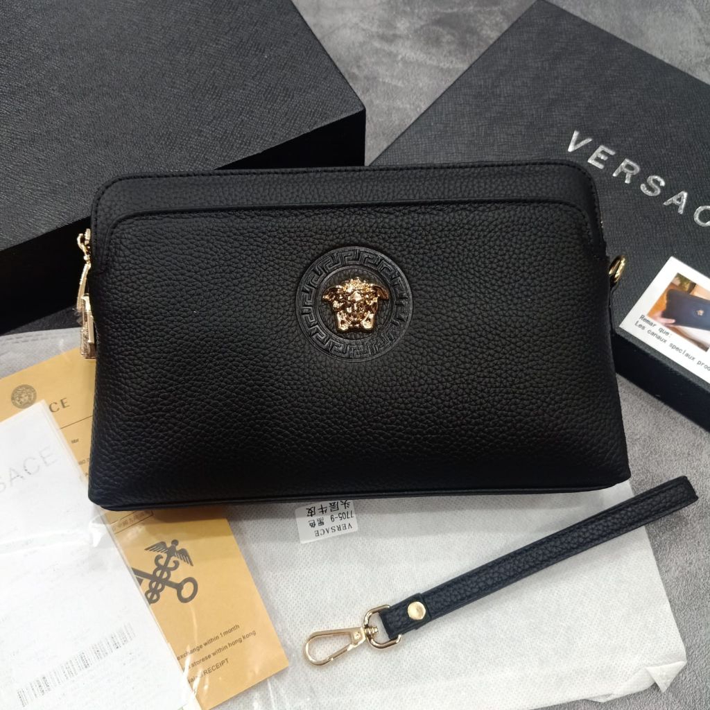 Handbag kulit kunci kode versace black clutch bag tas tangan kulit