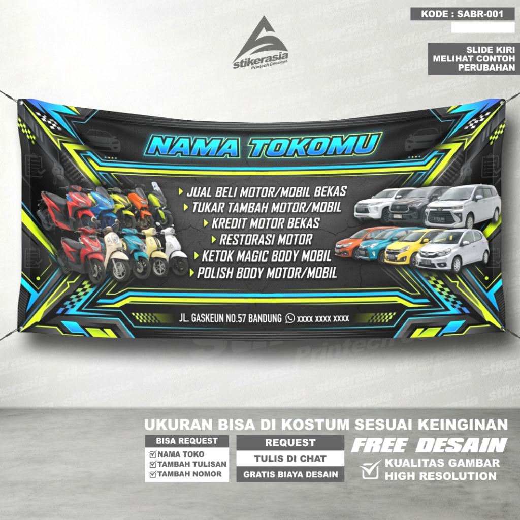 Spanduk Banner Jual Beli Motor Mobil Bekas Custom Nama Toko - Backdrop Showroom Kendaraan Racing Des