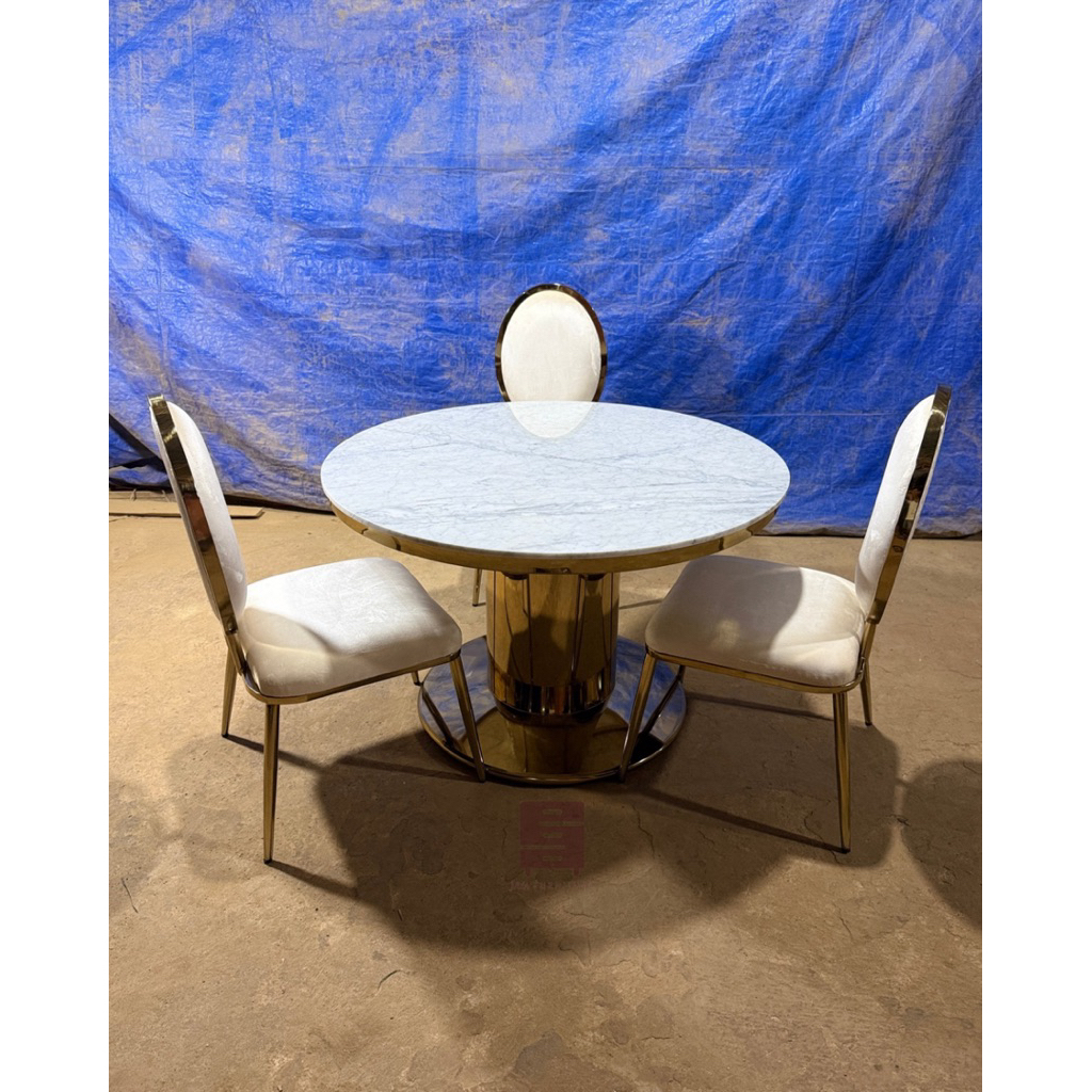 set meja makan marmer kursi stainless