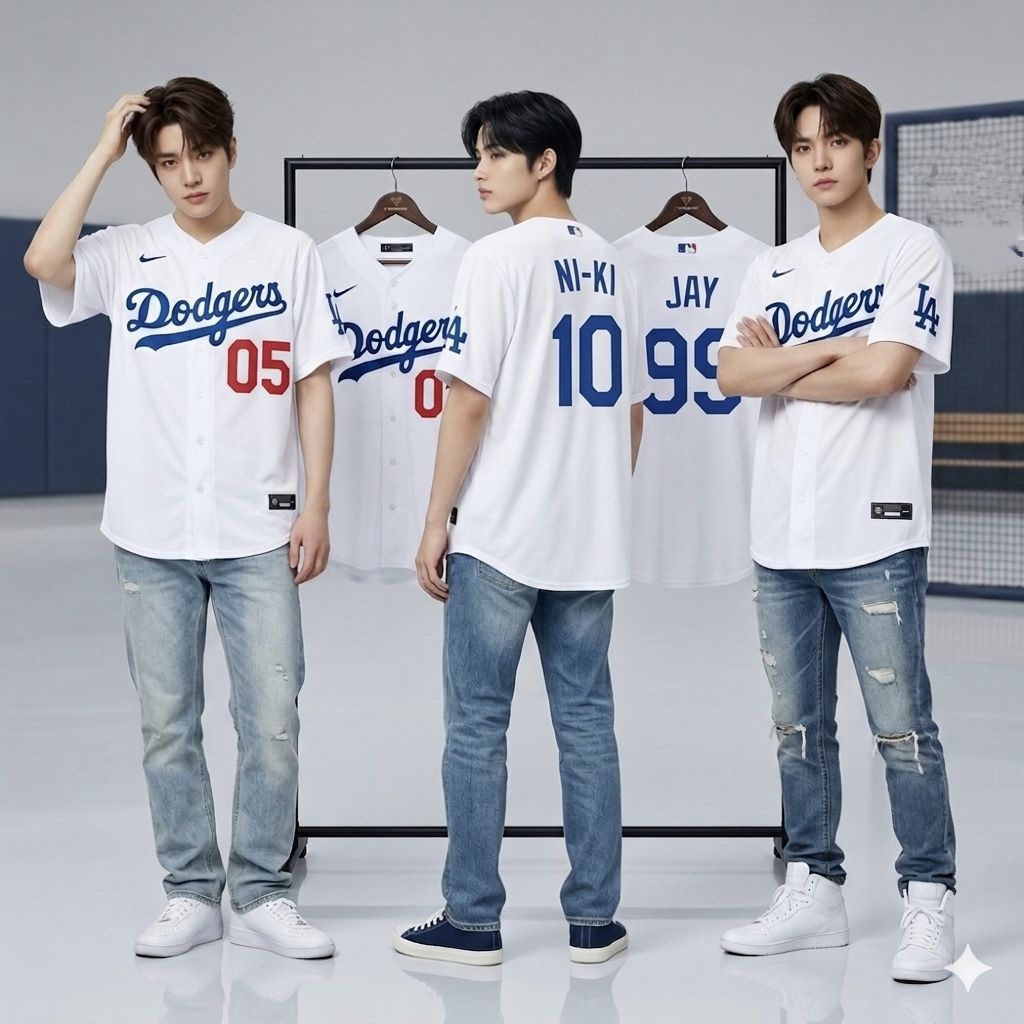 Jersey Baseball Enhypen x Dodgers Outerwear White Blue - Custom Nama & Nomor