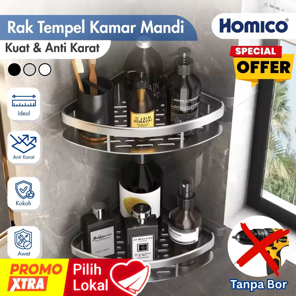 HOMICO Kamar Mandi Hitam Minimalis 3 Lapis Dinding Sudut Untuk Perlengkapan Mandi