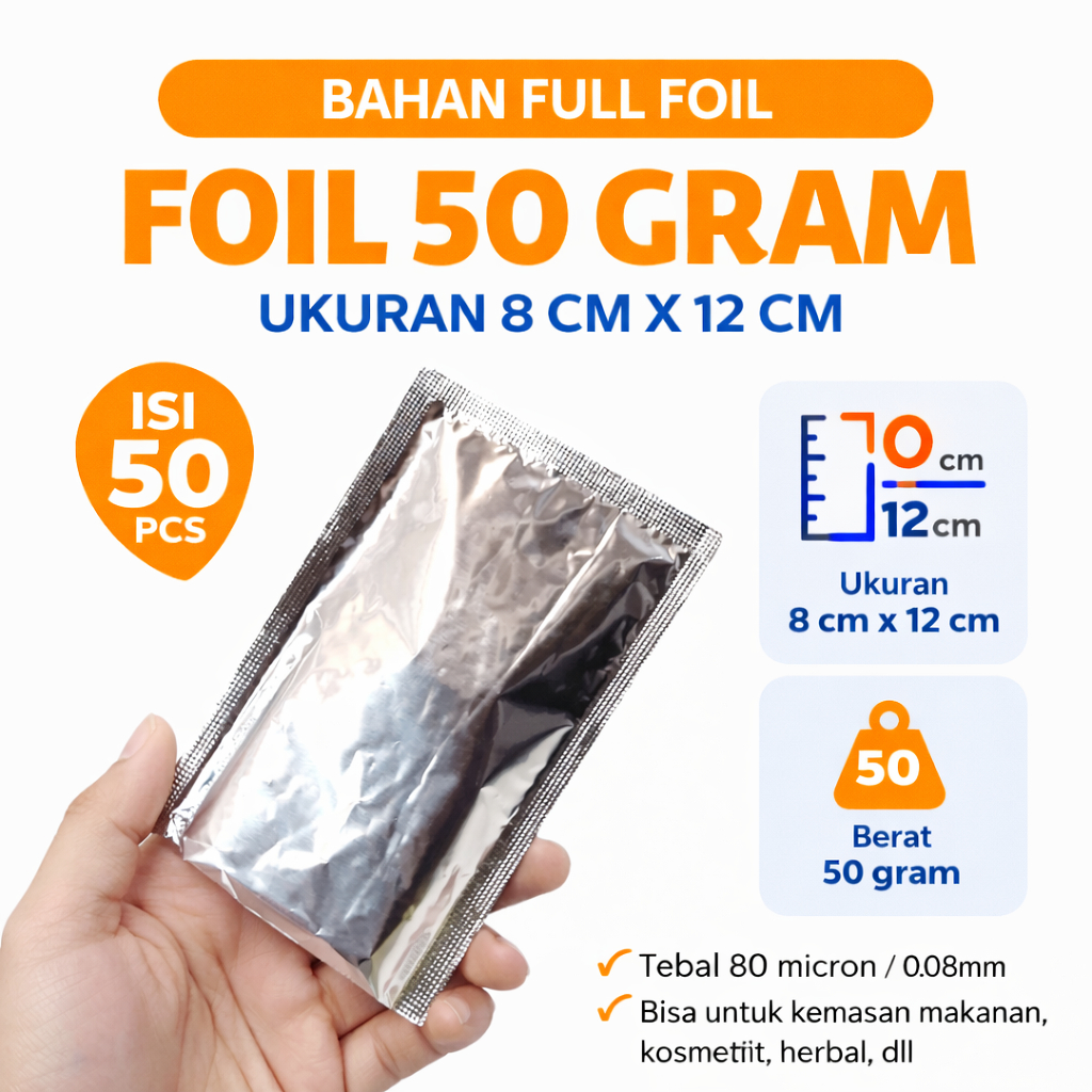 50 GRAM Almunium Kemasan Powder Aluminium Foil 12 Cm Alumunium Pack Isi 50pcs Full Foil