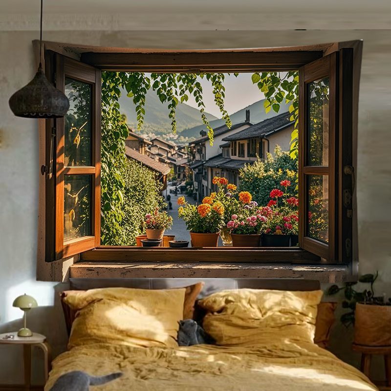 Kain latar belakang  jendela retro, kain gantung, dekorasi kamar tidur,kain penutup dinding