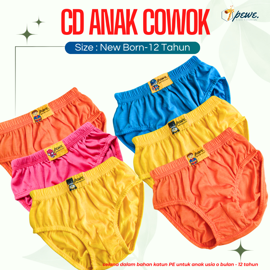 6 pcs sempak pewe anak laki laki warna terang, gelap, mix, katun, adem, lembut, nyaman, karakter, lu