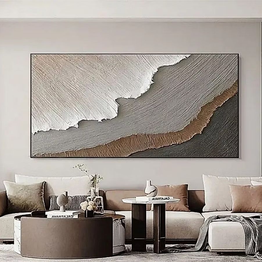 Lukisan Abstrak Kanvas Modern Minimalis - Ombak Teksture Brown - Hiasan Dinding Ruang Tamu Mewah - L