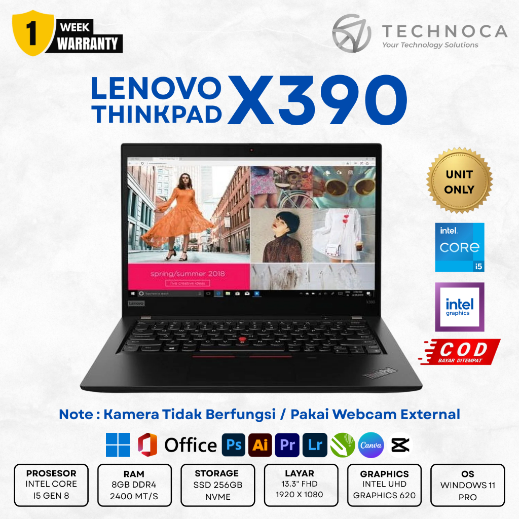 LAPTOP LENOVO THINKPAD X390 I5 GEN 8 RAM 8GB SSD 256GB MURAH