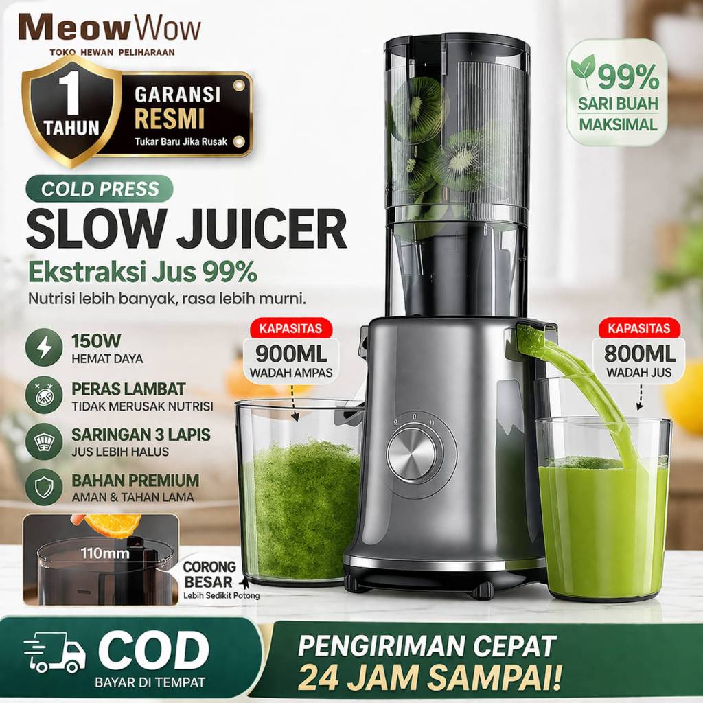 Blender 150W Cold Press Slow Juicer dengan Sari Jus dan Ampas Terpisah 110mm