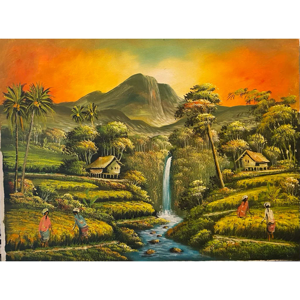 lukisan Pemandangan sawah pallet suasana Sunset, lukisan Canvas, lukisan khas Bali