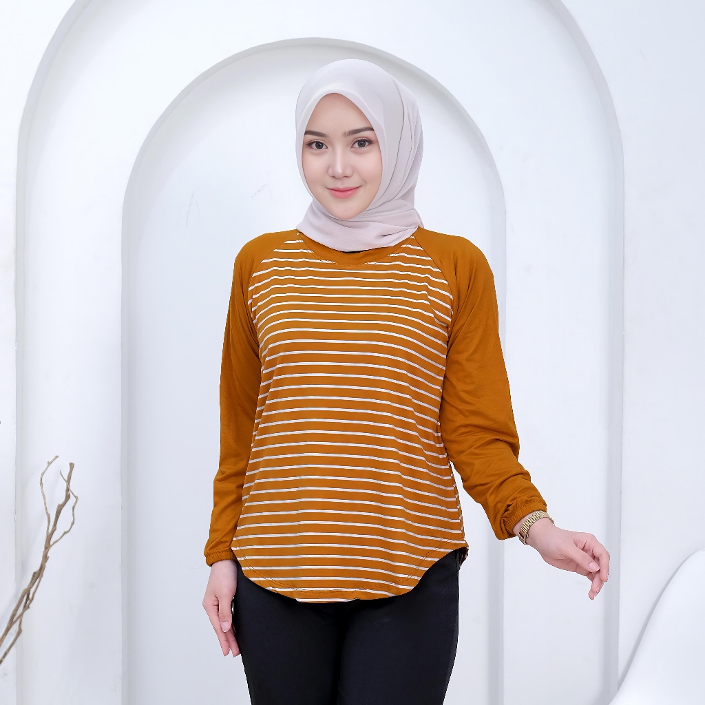 Pp Fashion Kaos Wanita Lengan Panjang Striped Cotton Spandek Banyak Warna Kaos Reglan Wanita Kombina
