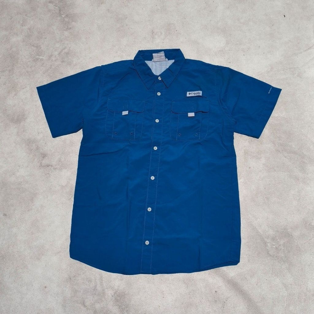 Kemeja tangan pendek pria outdoor hiking gunung Columbia pfg biru