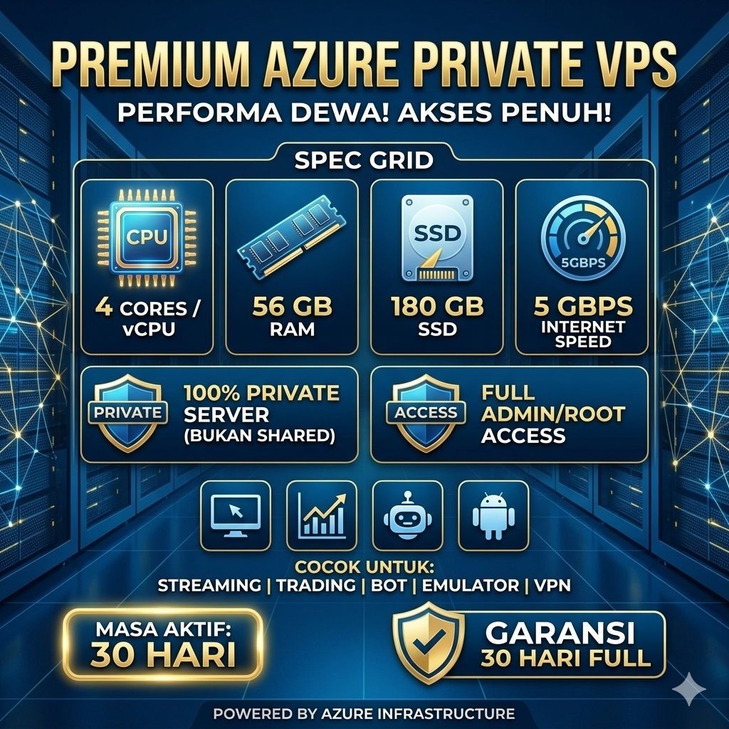 Private VPS Azure Spek Dewa 56GB RAM Bukan Shared Full Admin 30 Hari