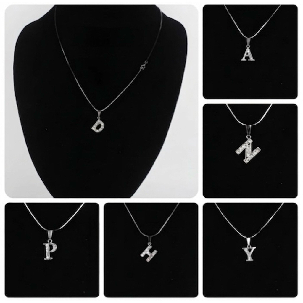 Kalung Rhodium Liontin Huruf Inisial Nama//kalung liontin  pria dan wanita/ kalung liontin love silv