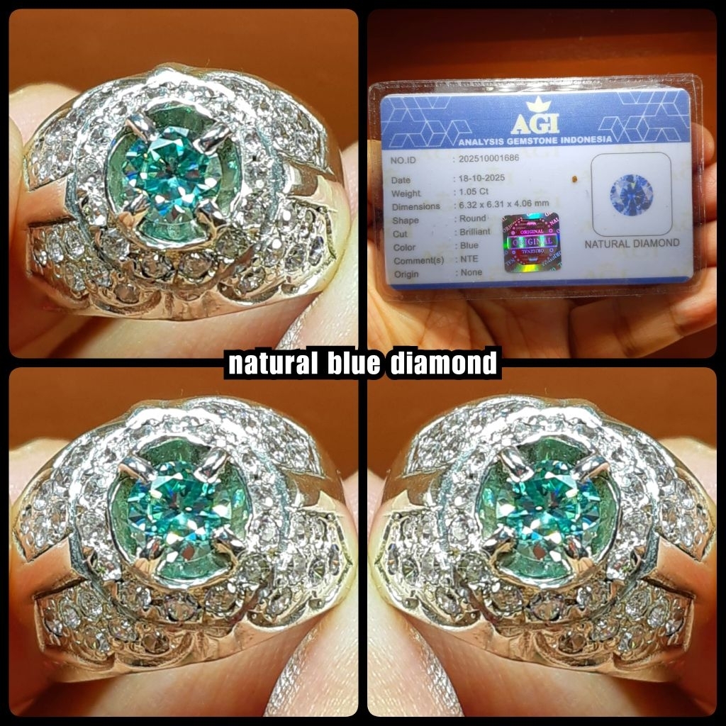 original 100% berlian biru eropa vvs1 + ring perak asli