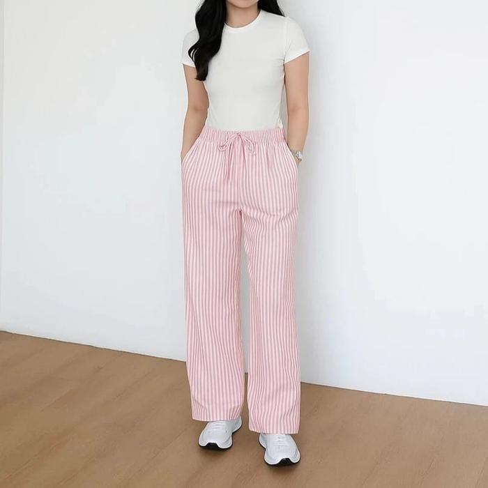 by:FINS.CLOTH - Celan Panjang Kulot Stripe Pants Highwaist Tali serut - Celana Wanita Kekinian Motif