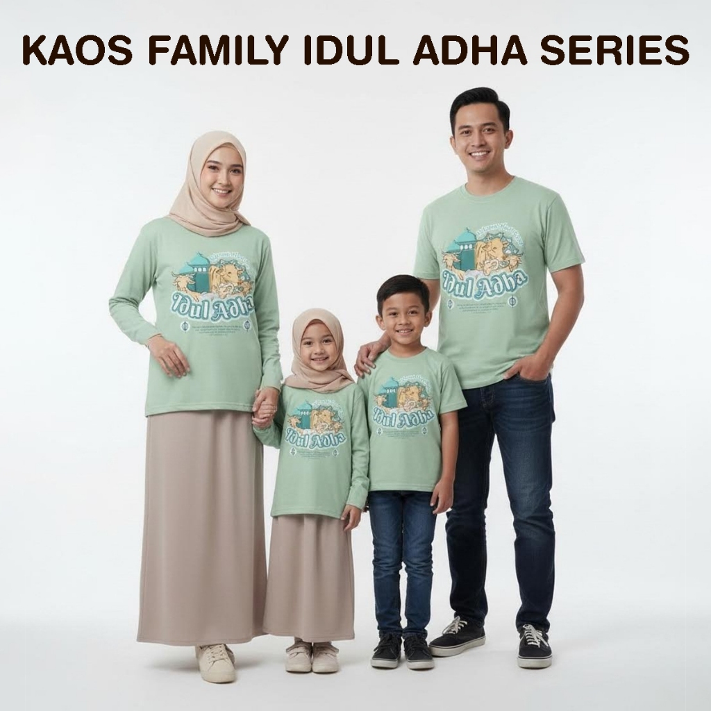 Kaos Couple Family Idul Adha Warna Hijau Mint Untuk Anak dan Dewasa Lengan Panjang Pendek