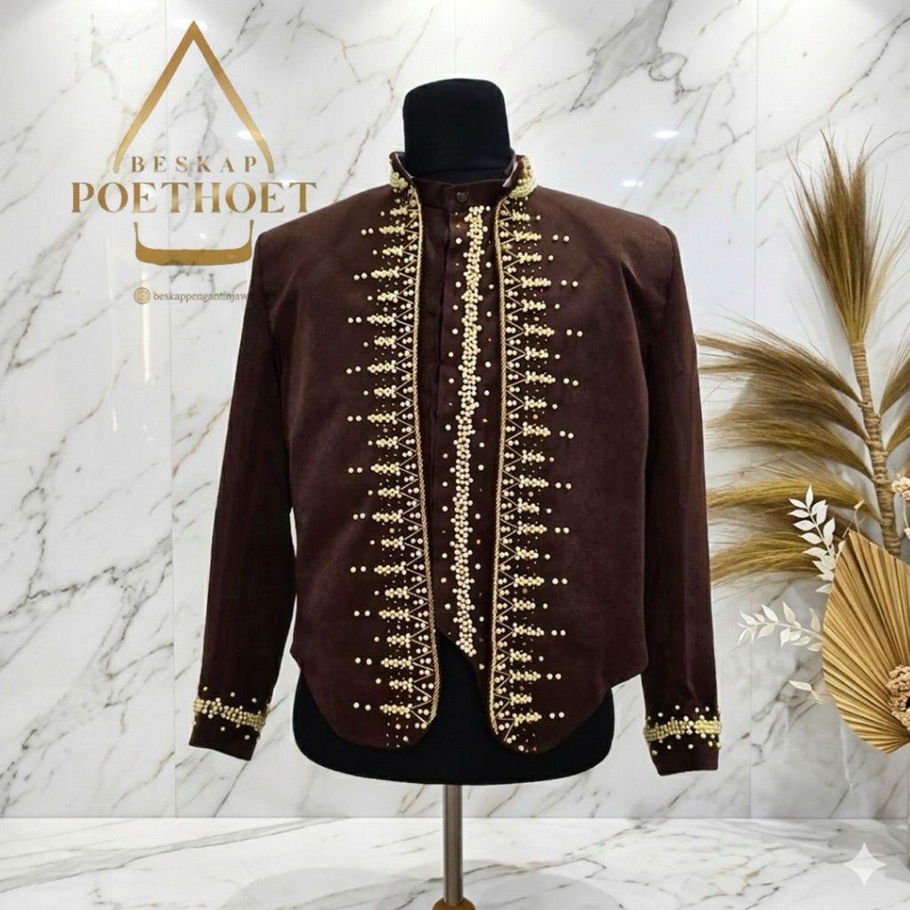 beskap pengantin jawa solo hewes mahogany coklat tua payet gold simpel elegant