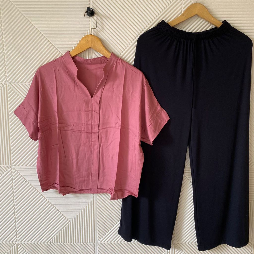 Shabhira - Setelan Celana Panjang Wanita / One Set Atasan Marsya Katun Rayon Vneck Kerah Shanghai