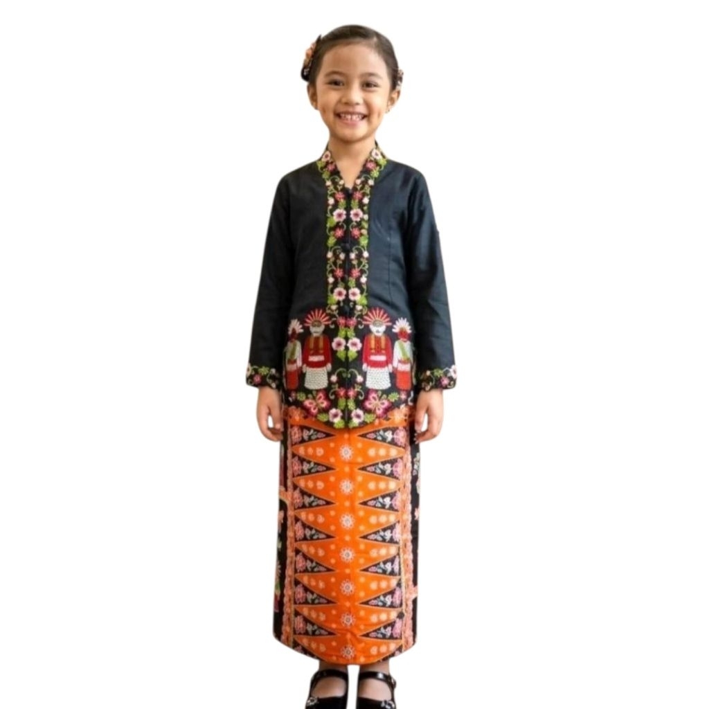 Setelan kebaya encim anak perempuan motif Ondel-ondel - encim anak Betawi bahan katun adem - encim a