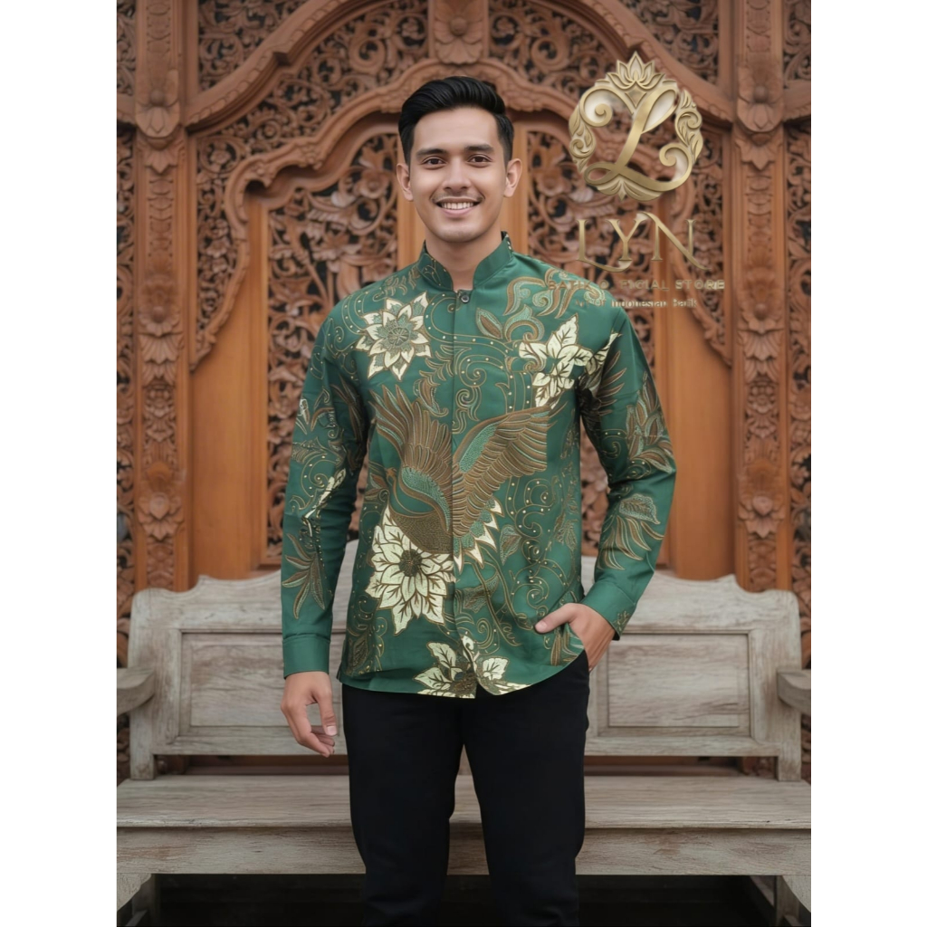 KAMBODJA GREEN Koko Batik Pria Lengan Panjang Koko Batik Reguler Warna Hijau Baju Batik Pria Bahan K