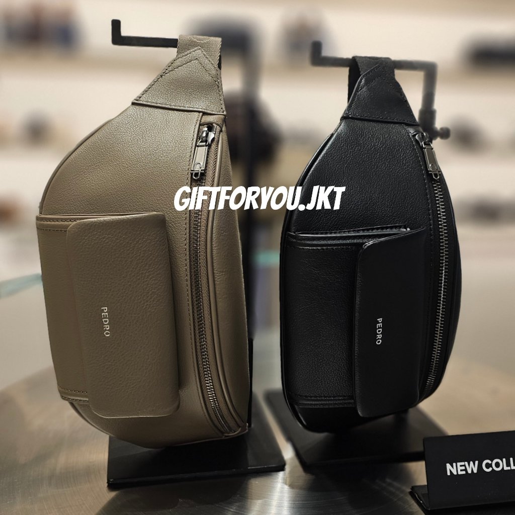 Tas Pinggang Kulit Pedro Original Cyrus Man Waist Bag Sling Bag Black Taupe Cowok Pria Laki-Laki
