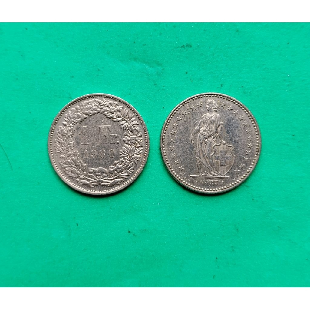 Koin Kuno Swiss 1 Franc Helvetia Tahun 1980 - Koleksi Numismatik Luar Negeri Asli