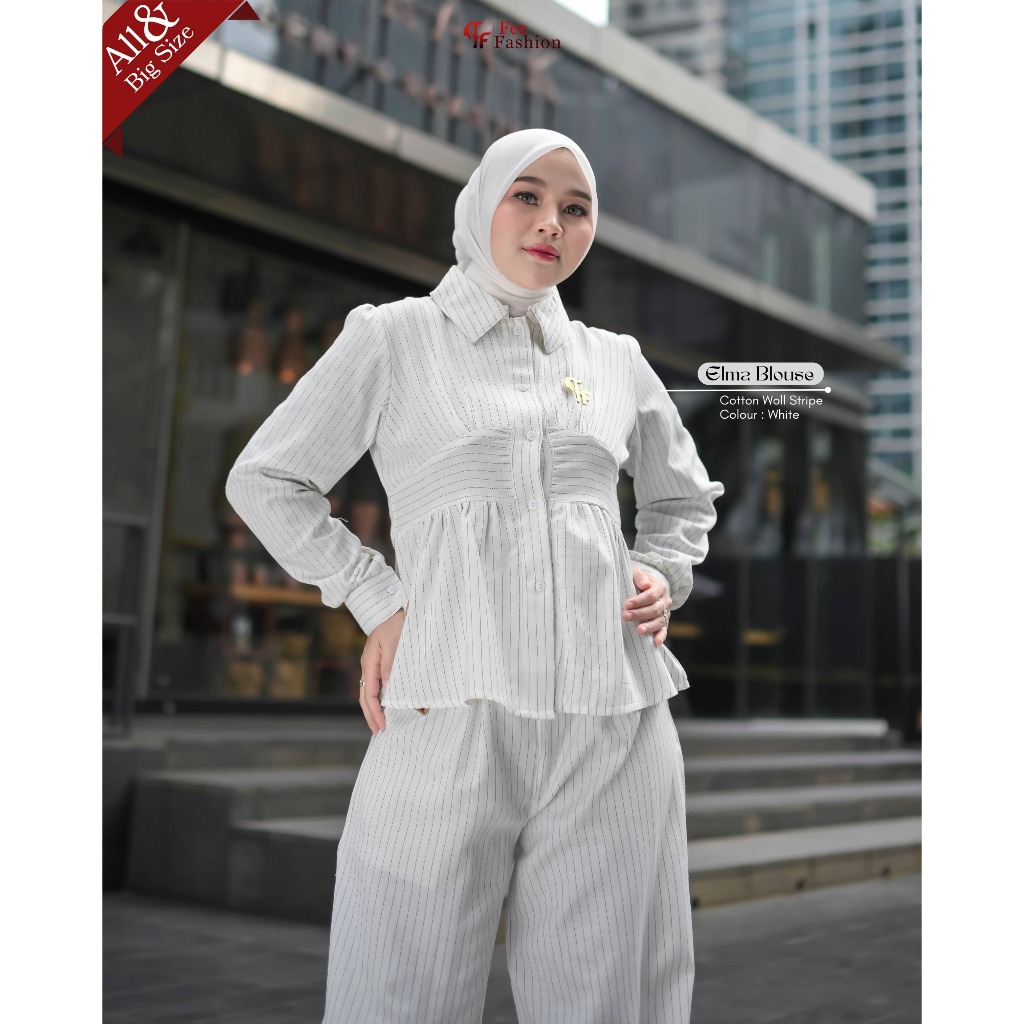 Elma Blouse Kemeja Wanita Stripe Bahan Cotton Woll By Fee Fashion