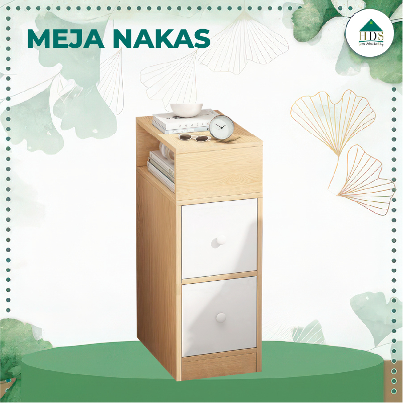 HOME DEKORATION - Meja Samping Kasur Nakas Kayu Minimalis Rak Buku Penyimpanan Dua Laci Serbaguna