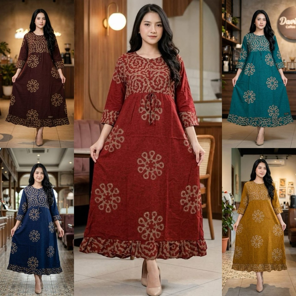 Daster Batik Femme Rayon Premium Wanita – Dress Panjang Busui Zipper Lengan 3/4 Tali Serut Adem Moti
