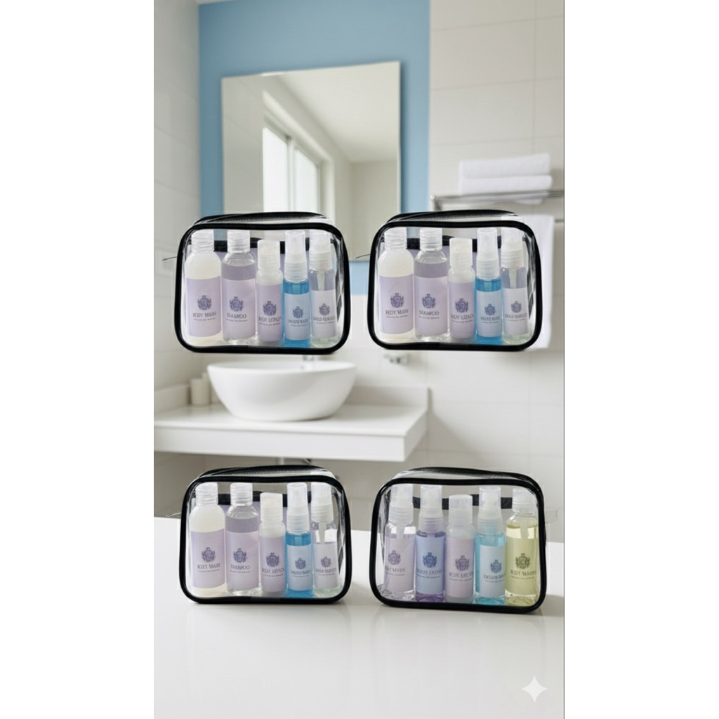 POUCH BOTOL TRAVEL MINI KIT 1 SET ALL IN 1, FREE ISI 6 IN 1 (POUCH, HANDUK, SABUN, SHAMPO, BODY LOTI
